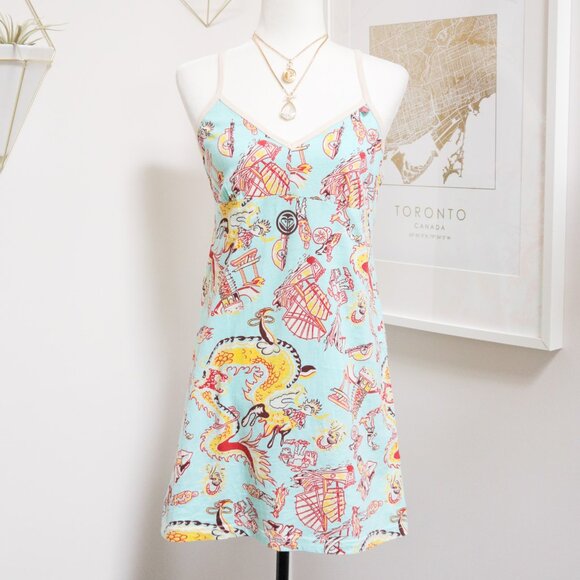 Y2K Asian Inspired Graphic All Over Print Spaghetti Strap Dress 🐉 ROXY - Picture 1 of 8